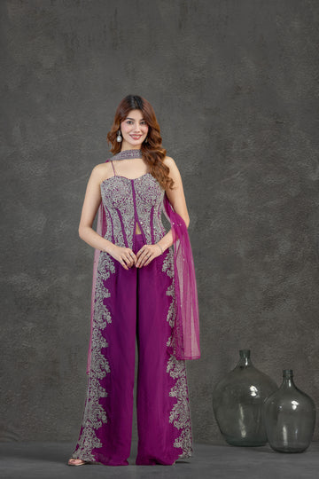 Purple Indo-Western Set with Aari, Pearl & Mirror Detailing