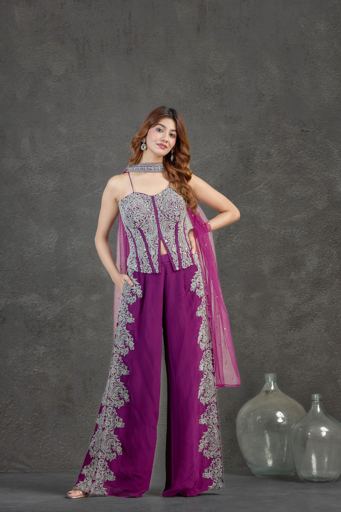 Purple Indo-Western Set with Aari, Pearl & Mirror Detailing