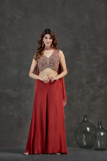 Elegant Rust Indo-Western Set with Pearl, Cutdana & Mirror Detailing