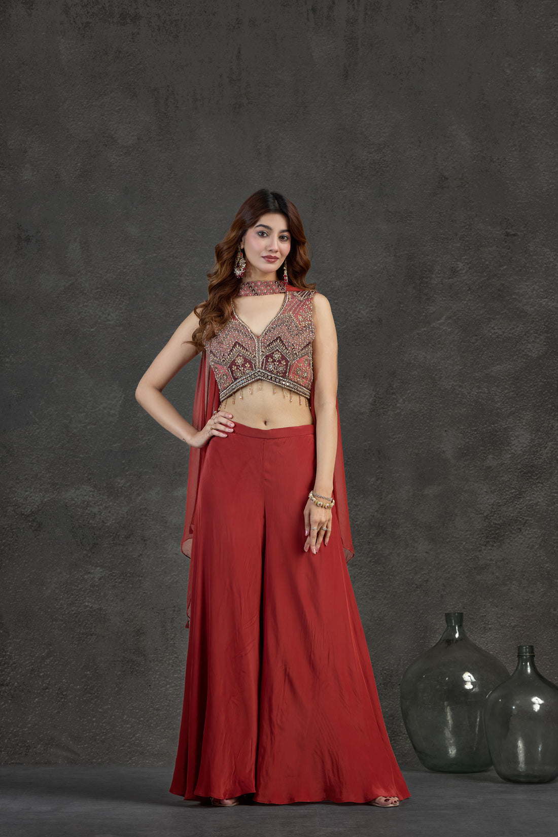Elegant Rust Indo-Western Set with Pearl, Cutdana & Mirror Detailing