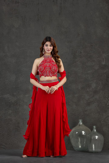 Red Indo-Western Set with Zardosi & Cutdana Detailing