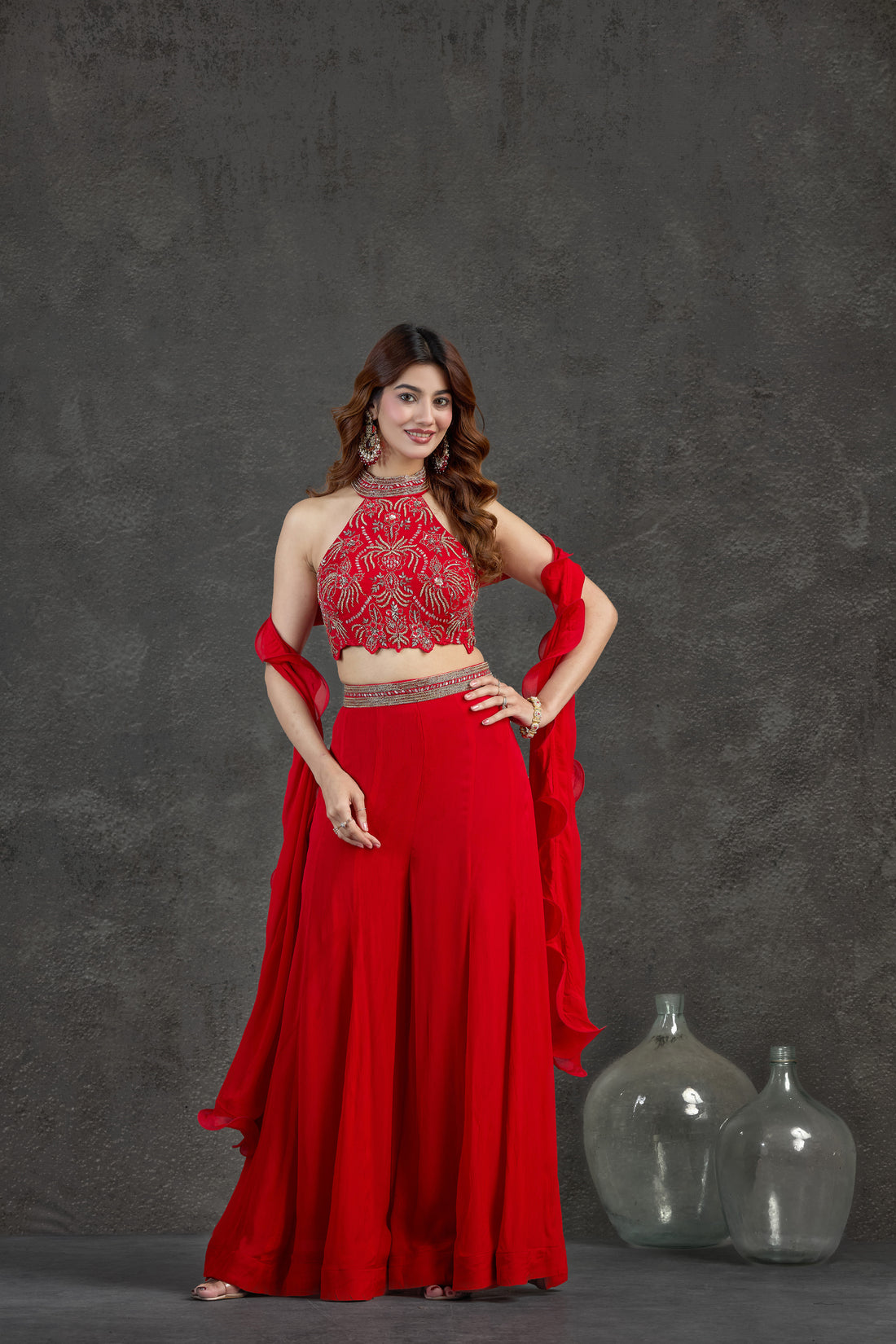 Red Indo-Western Set with Zardosi & Cutdana Detailing