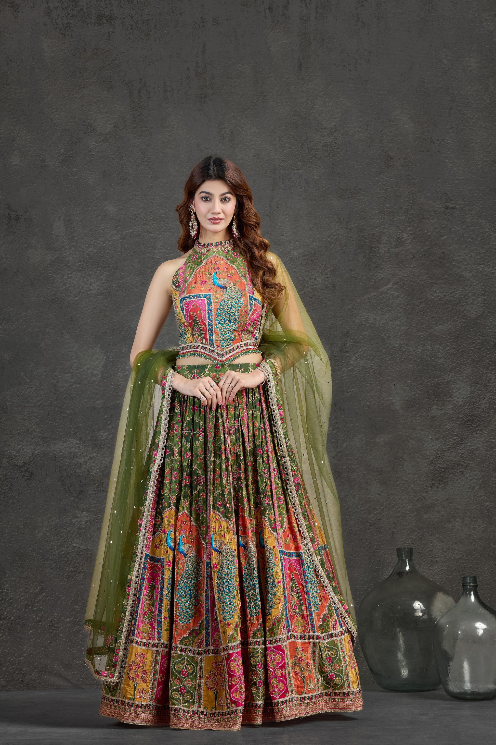 Green Lehenga Set with Printed & Embroidered Detailing | Rasaya 