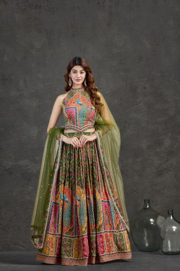 Green Lehenga Set with Printed & Embroidered Detailing | Rasaya 