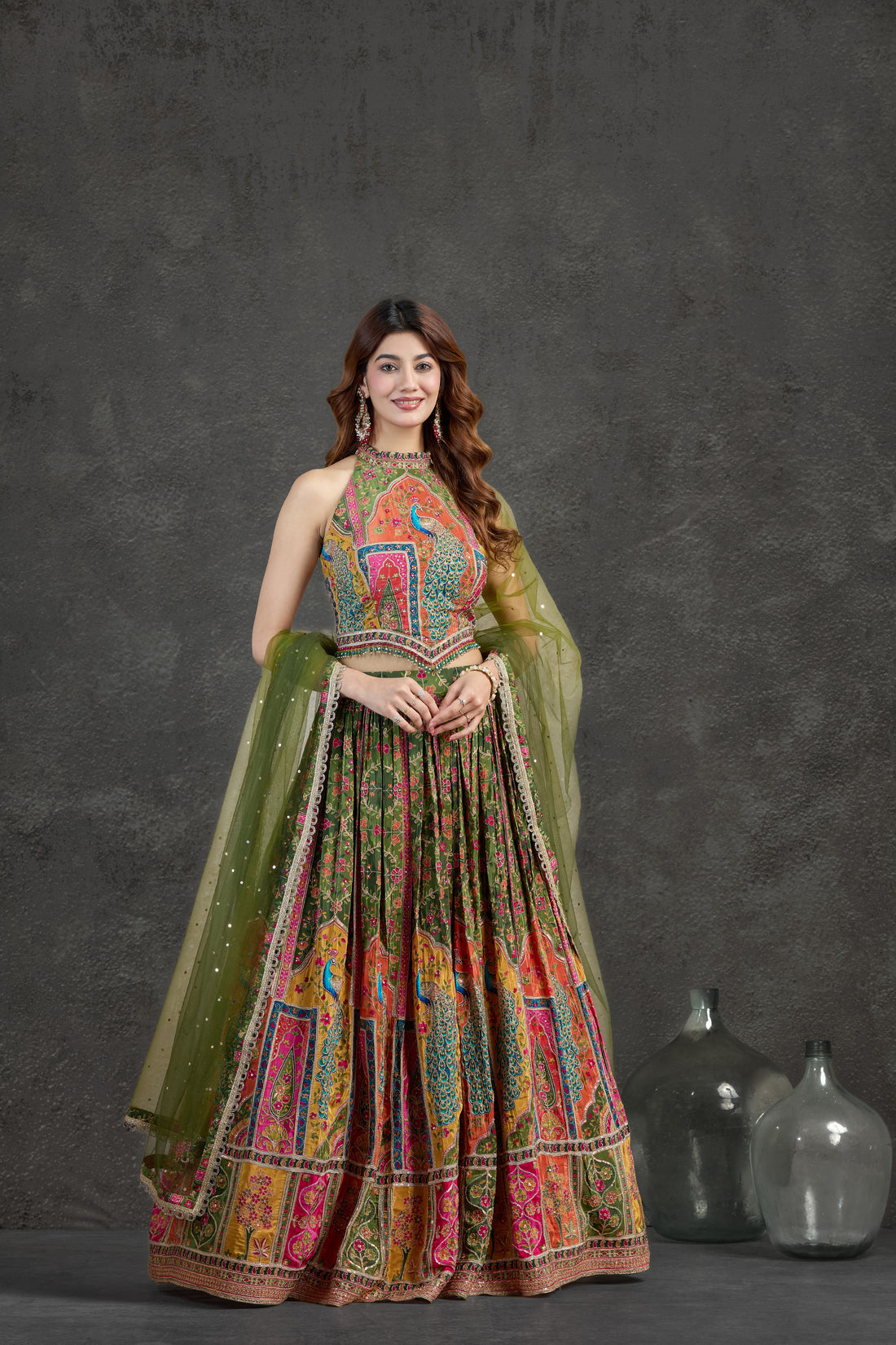 Green Lehenga Set with Printed & Embroidered Detailing | Rasaya 