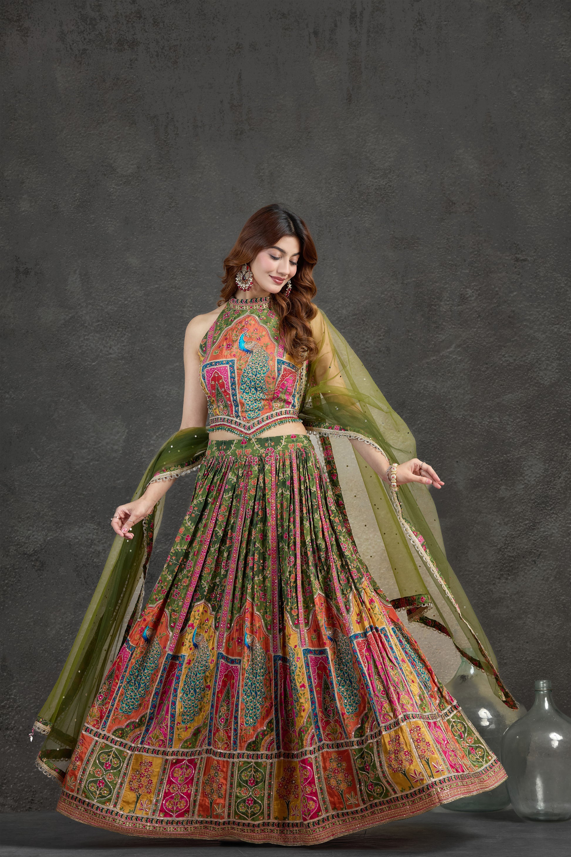 Green Lehenga Set with Printed & Embroidered Detailing | Rasaya 