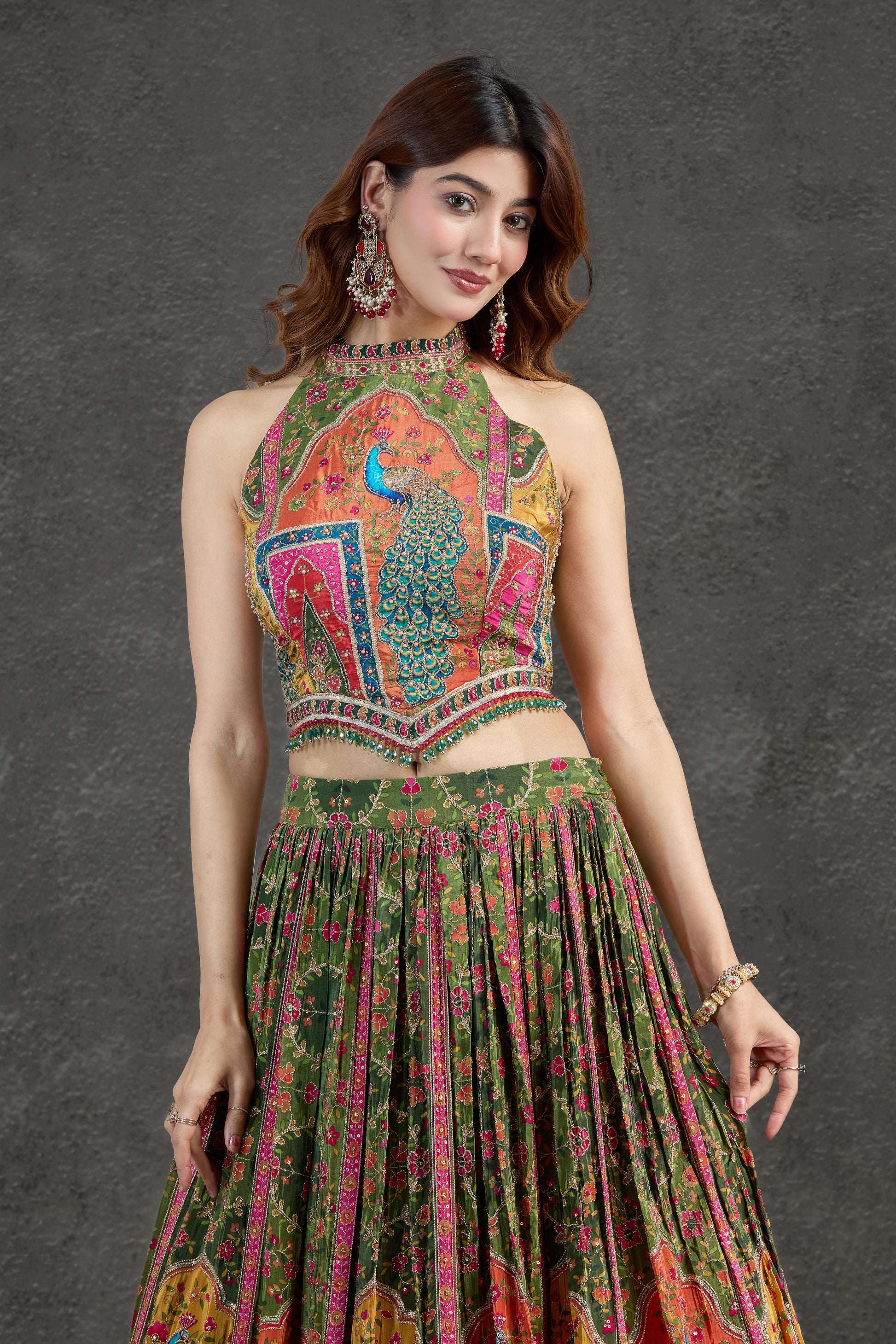 Green Lehenga Set with Printed & Embroidered Detailing | Rasaya 