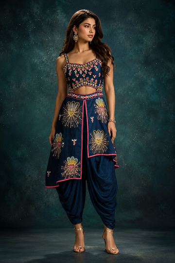 Midnight Blue Embroidered Dhoti Set with Mirror & Resham Work
