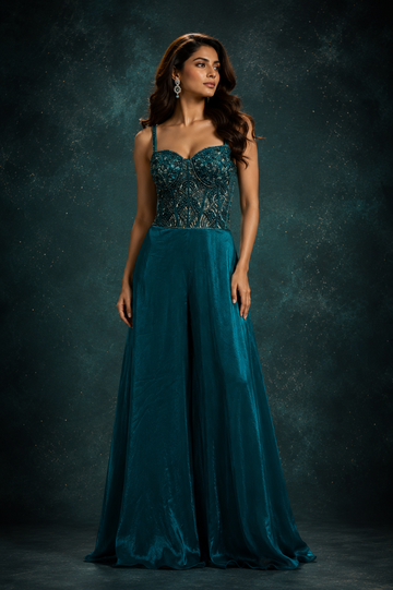 Teal Embellished Jumpsuit with Sequins & Cutdana Work