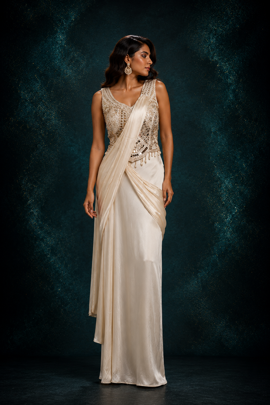 Beige Embellished Draped Saree Gown