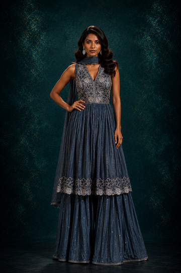 Steel Blue Embroidered Sharara Set