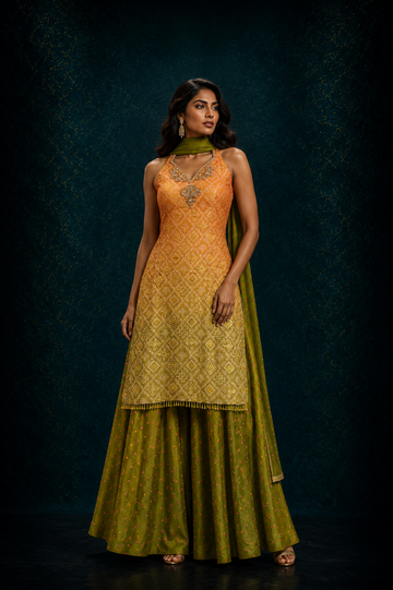 Mustard & Olive Green Embroidered Sharara Set