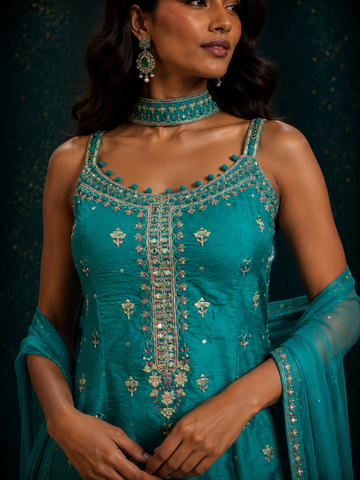 Turquoise Embroidered Palazzo Set