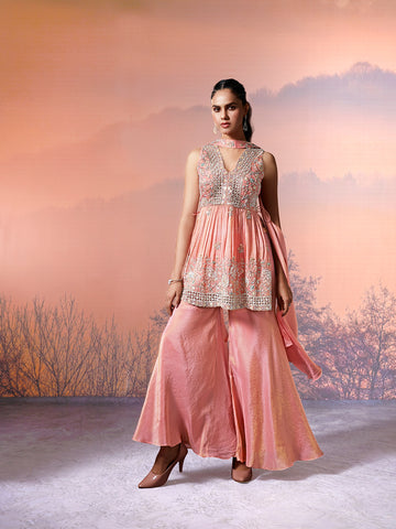 Peach Silk Embroidered Indo-Western