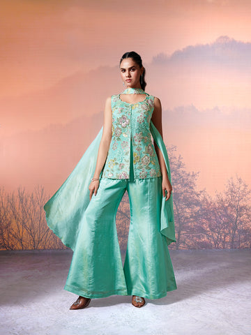 Mint Green Silk Embroidered Suit