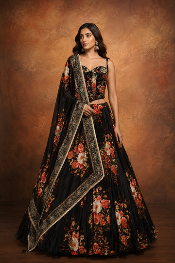 Black Floral Printed Lehenga Set