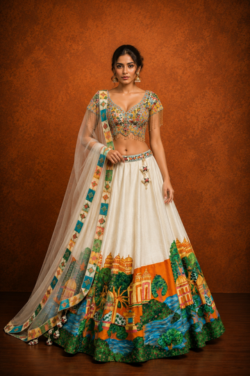 Ivory Hand-Painted Lehenga Set with Embroidered Blouse