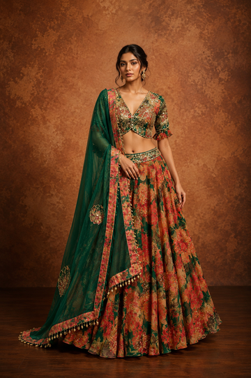 Red & Black Floral Printed Georgette Lehenga Set