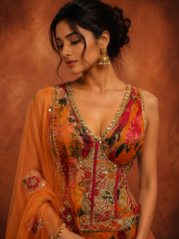 Orange Floral Printed Lehenga Set