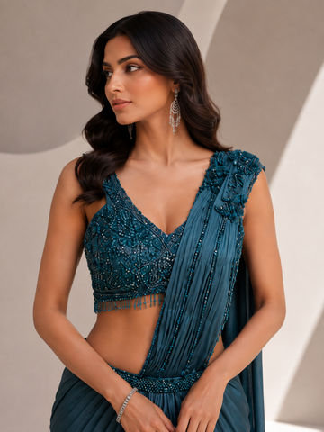 Steel Blue Embellished Pre-Draped Saree Set
