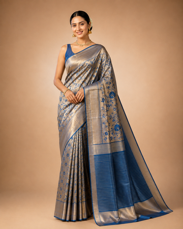 Silver & Royal Blue Handwoven Silk Saree