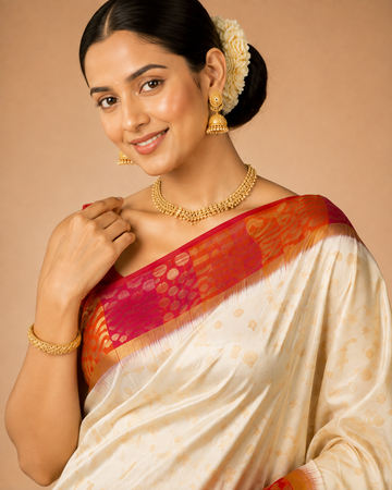 Ivory & Crimson Handwoven Silk Saree