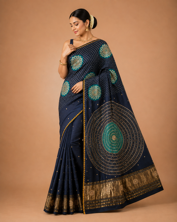 Navy Blue Bandhani Silk Saree