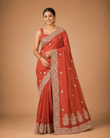 Rust Orange Embroidered Saree