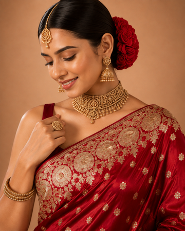 Bridal Red Embroidered Satin Saree