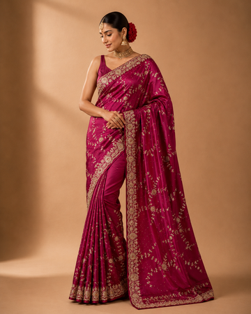Magenta Embroidered Satin Saree