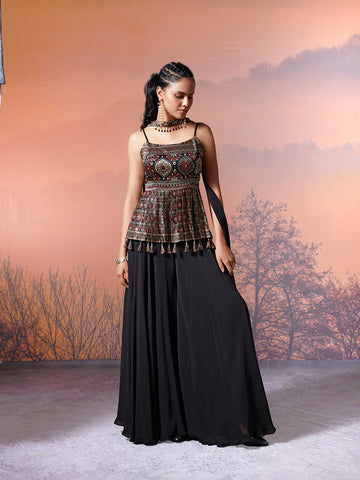 Black Printed Silk Indo-Western Suit