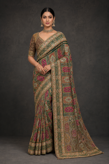 Green & Pink Printed with Embroidery Saree