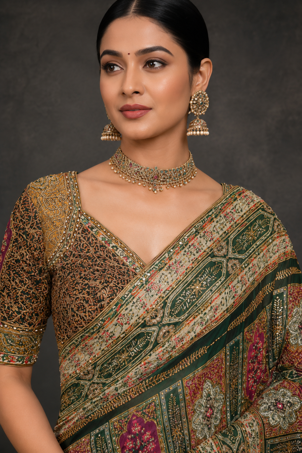 Green & Pink Printed with Embroidery Saree