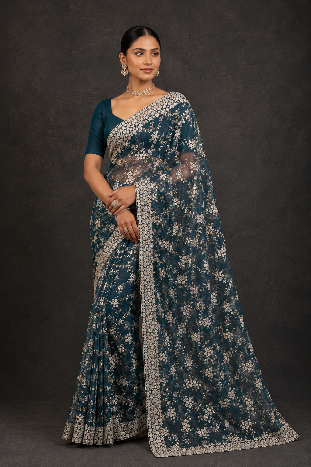 Navy Blue Floral Embroidered Saree