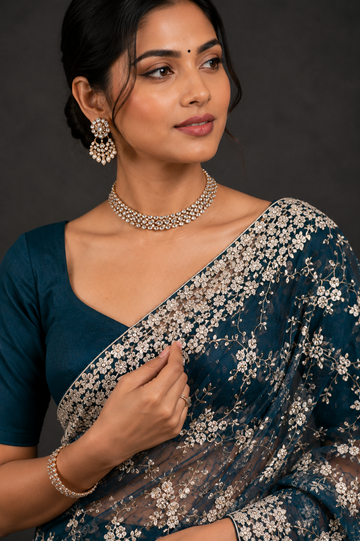 Navy Blue Floral Embroidered Saree