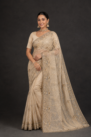 Champagne Beige Embroidered Saree