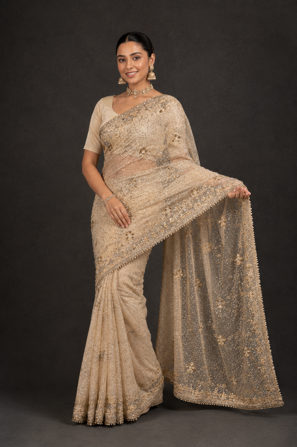 Champagne Beige Embroidered Saree