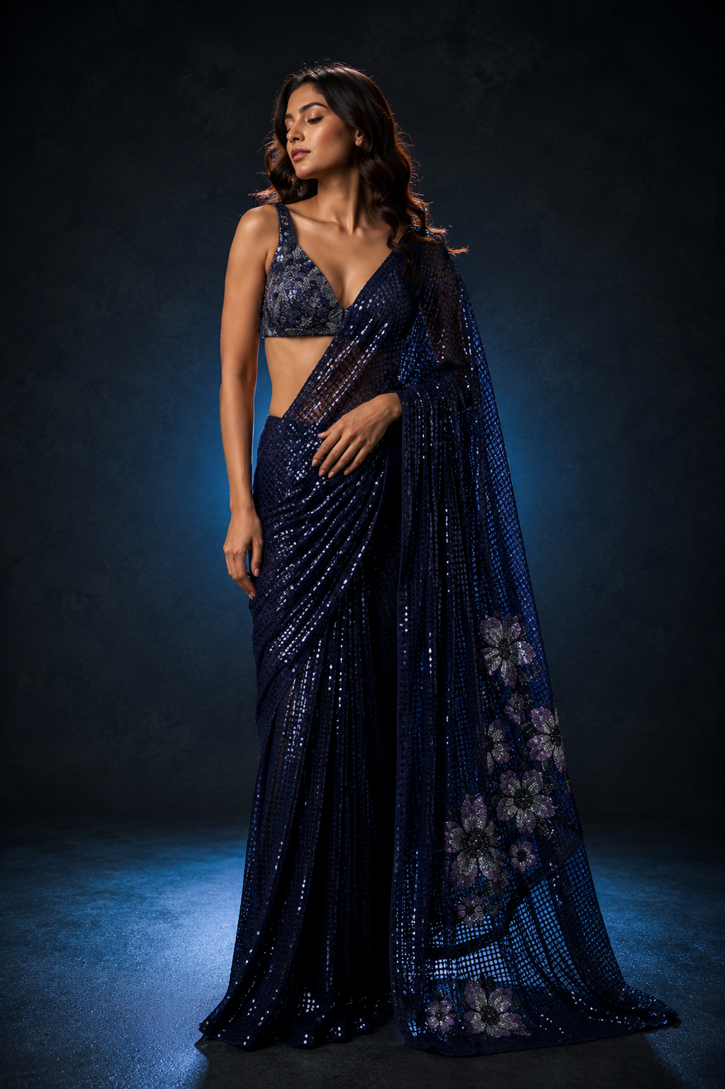 Navy Blue Sequin Embroidered Saree