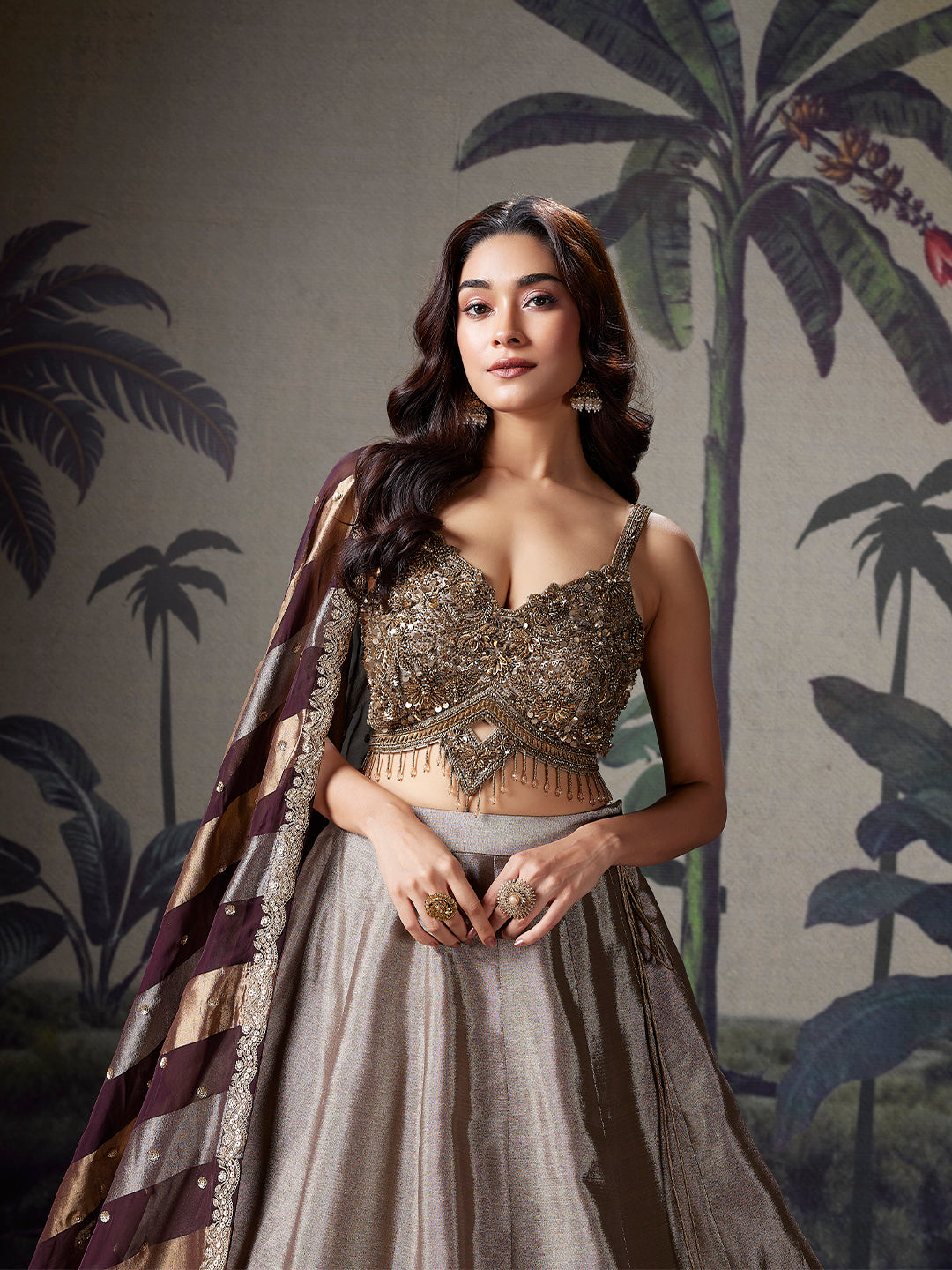Antique Gold Zardozi Silk Lehenga Set