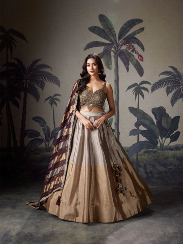 Antique Gold Zardozi Silk Lehenga Set