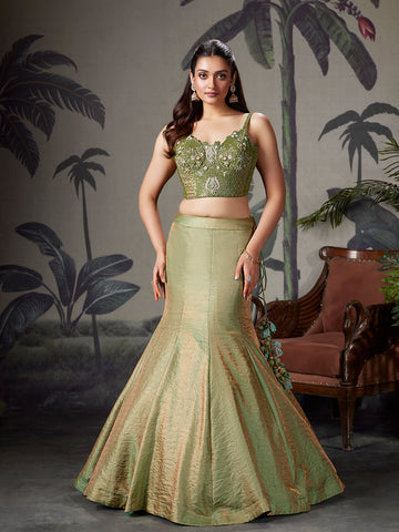 Olive Green Silk Fish-Cut Lehenga