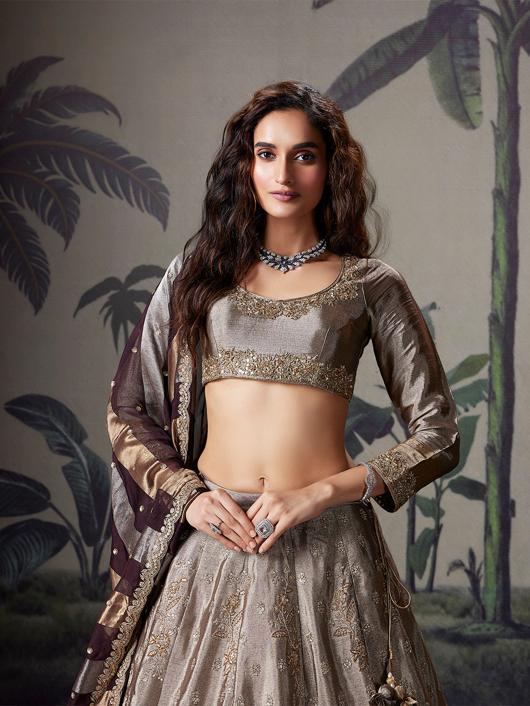 Antique Gold Zardozi Silk Lehenga Set