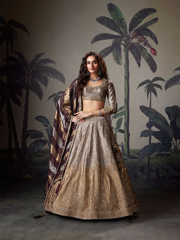 Antique Gold Zardozi Silk Lehenga Set