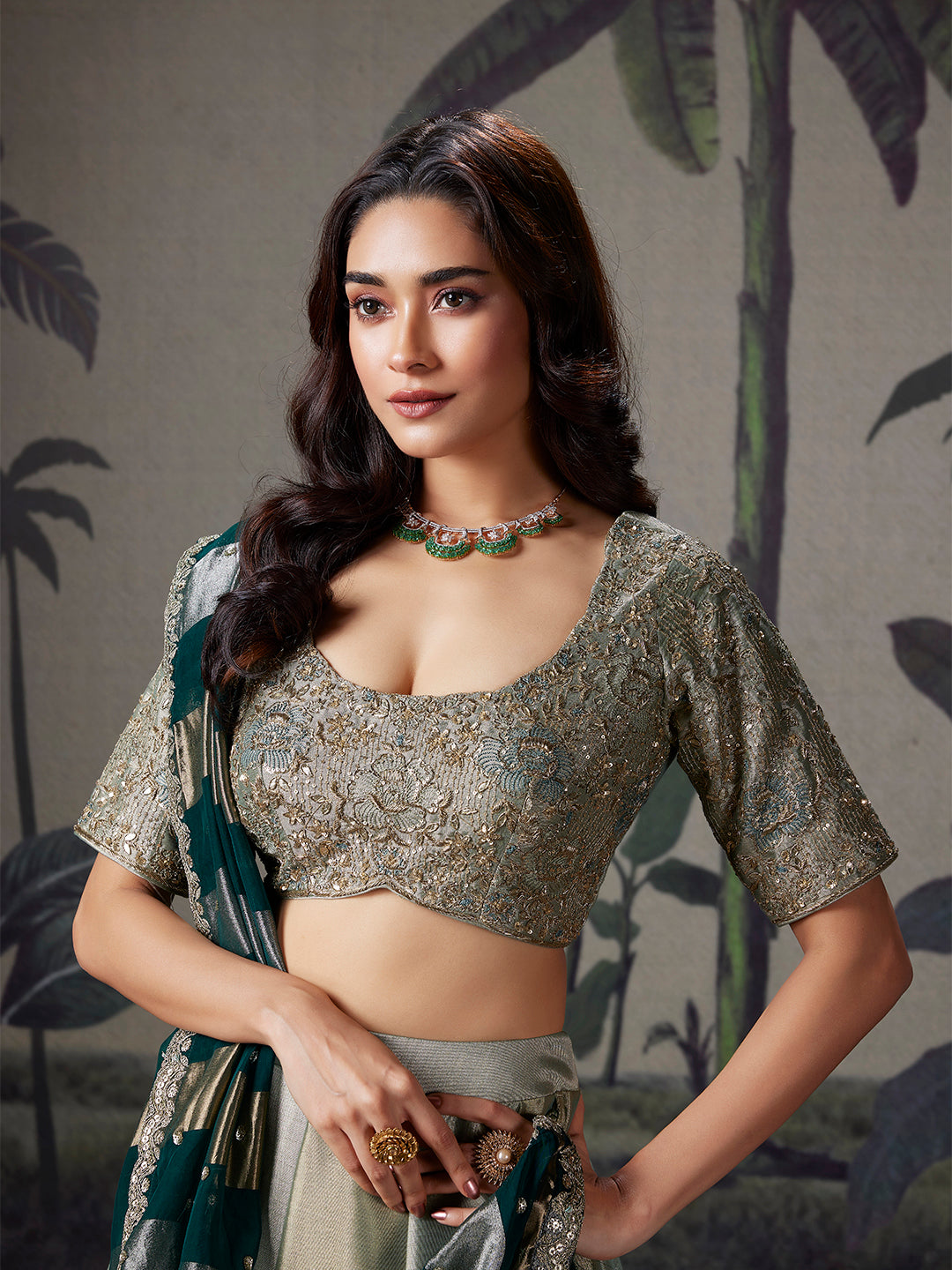 Sage Green Zardozi Silk Lehenga Set