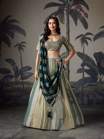 Sage Green Zardozi Silk Lehenga Set