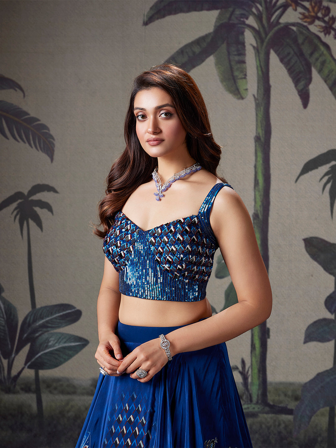 Royal Blue Mirror Work Silk Lehenga