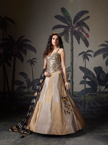 Gold & Champagne Mirror Work Silk Lehenga
