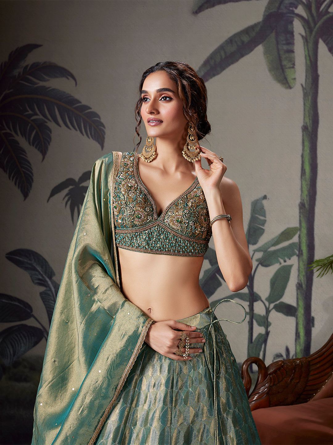 Teal Green Zari Woven Silk Lehenga