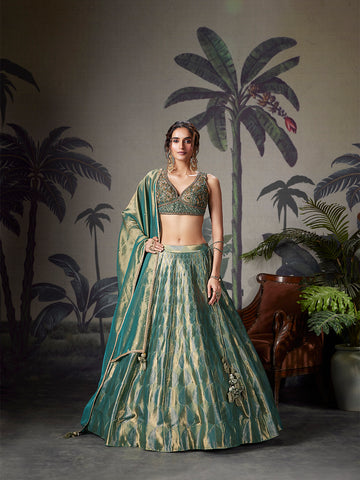 Teal Green Zari Woven Silk Lehenga