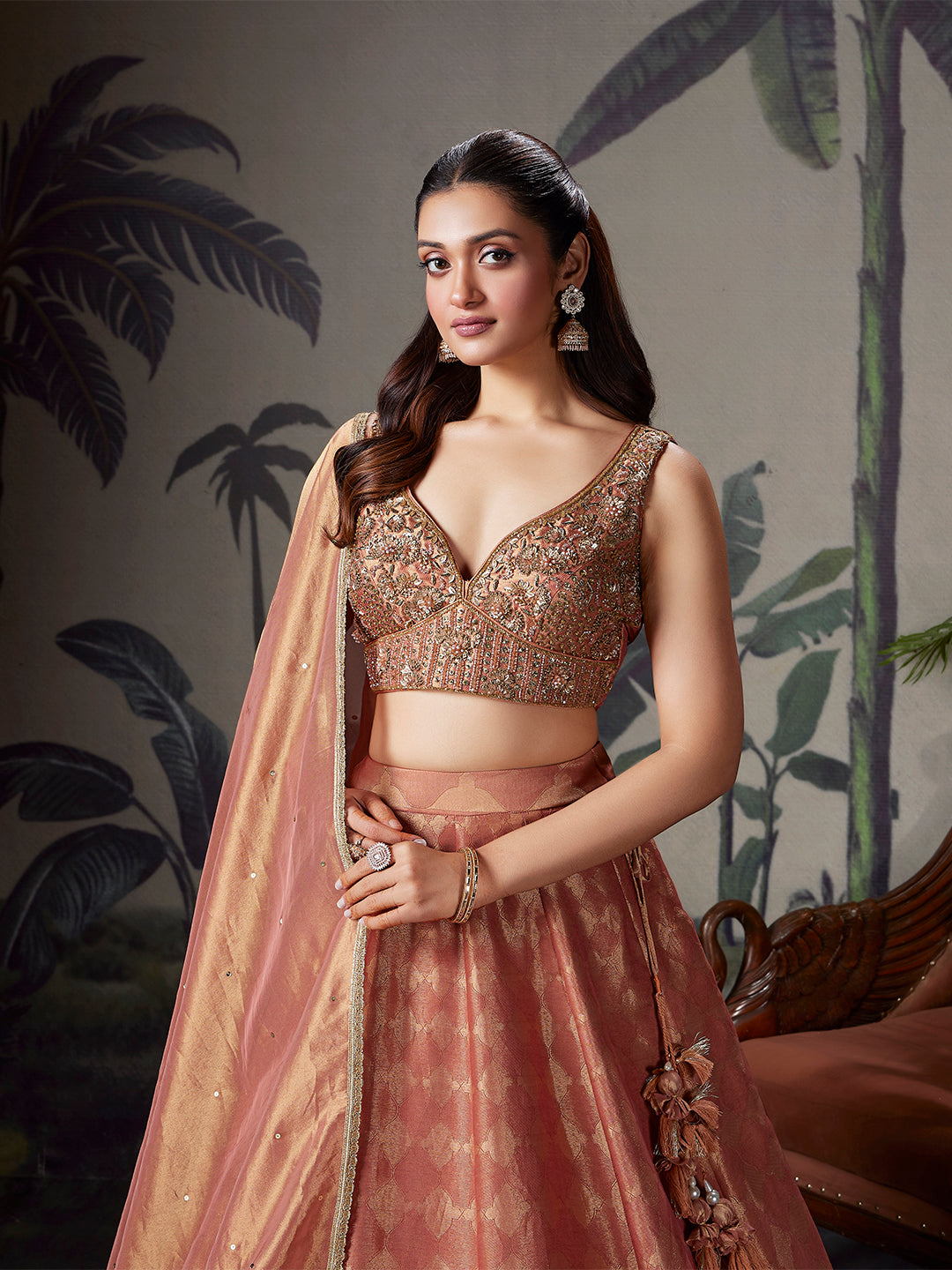 Peach Gold Zardozi & Zari Woven Silk Lehenga